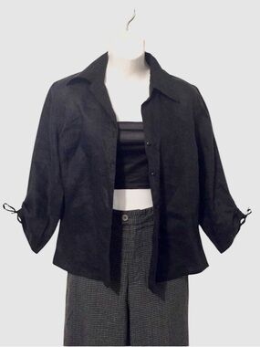 Camaieu Womens Black Linen Blend Button Down Top or Lightweight Jacket Blazer S